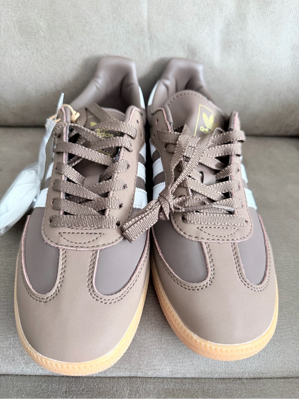 adidas Men’s Taupe Sneakers with White Stripes and Gum Sole - Picture 4 of 5